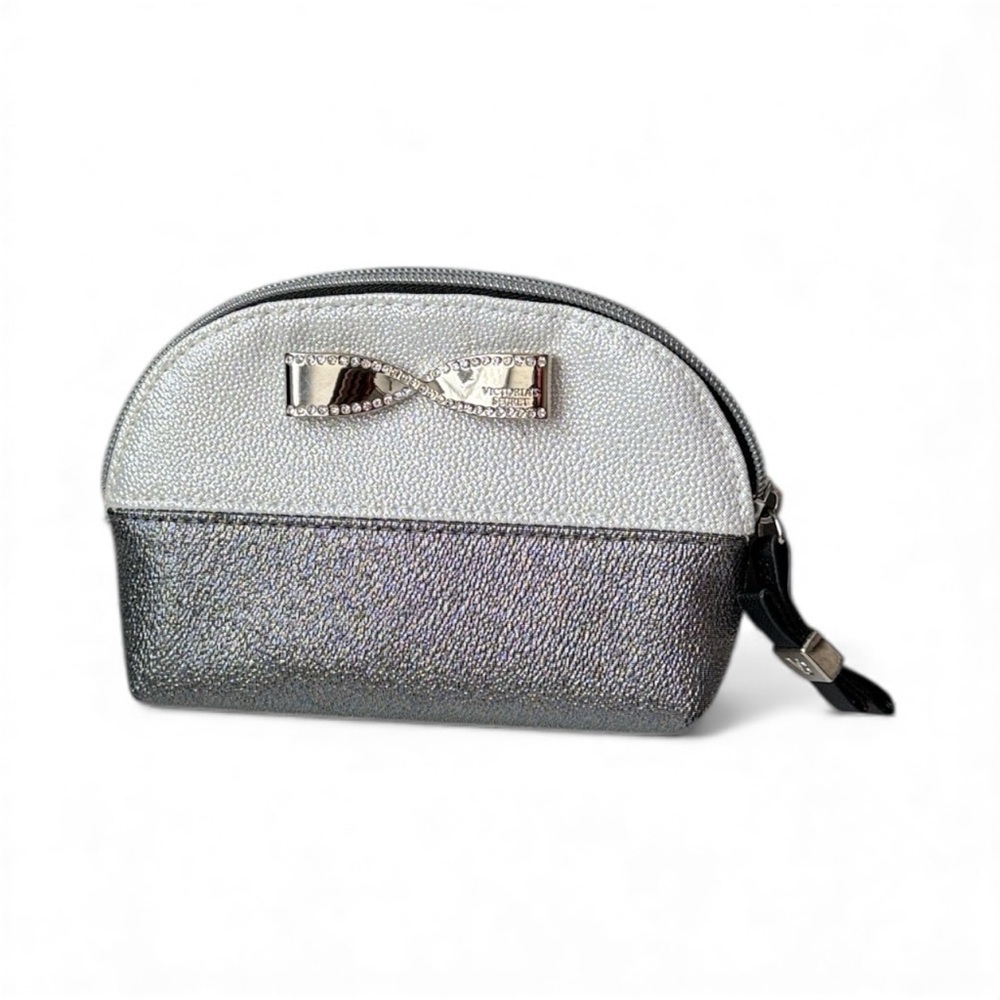 VICTORIA'S SECRET Two-Tone Silver makeup Beauty Bag w/ Silver Bow zip close New